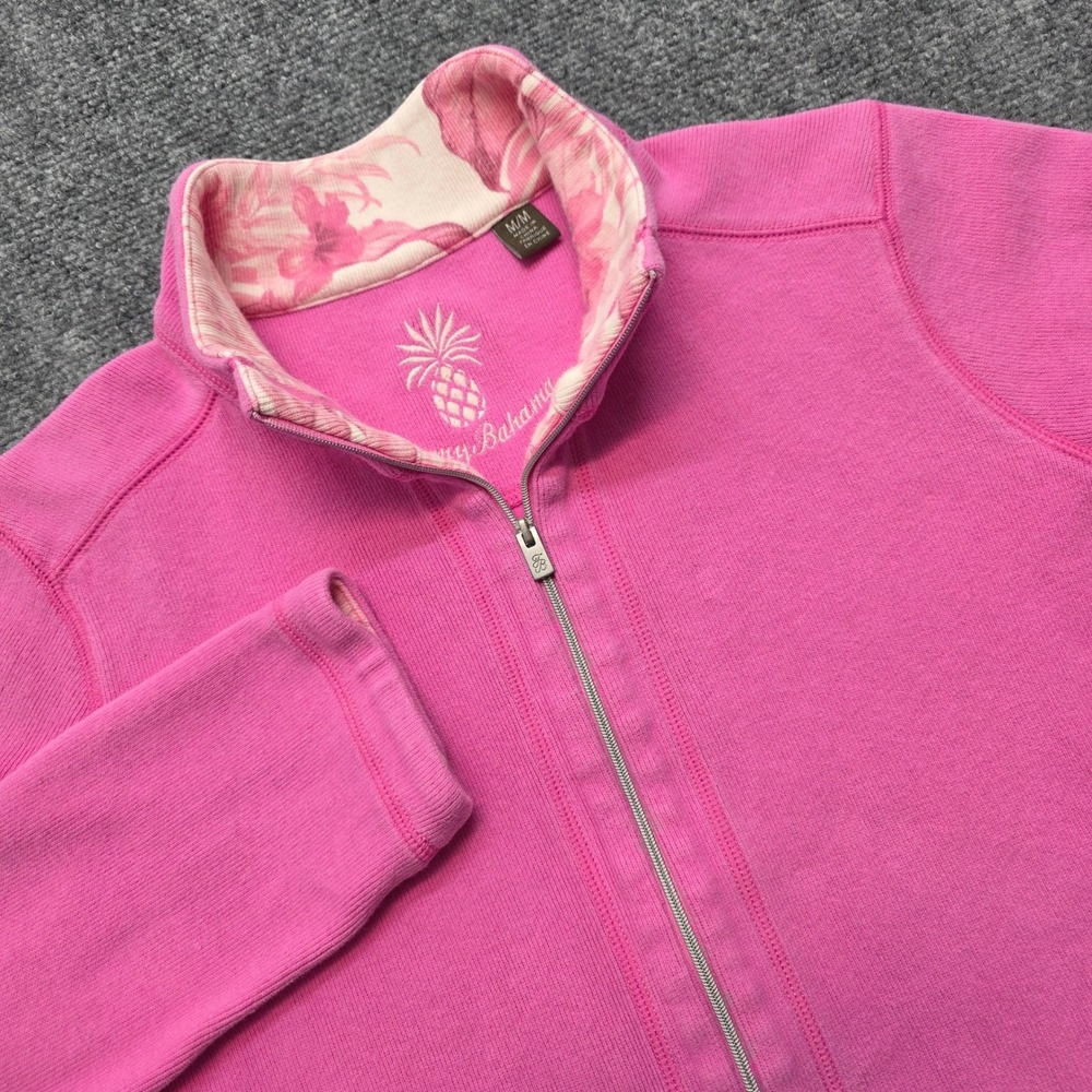 Tommy Bahama Women's Medium Pink Aruba Full Zip Ribbed Sweatshirt Floral Collar